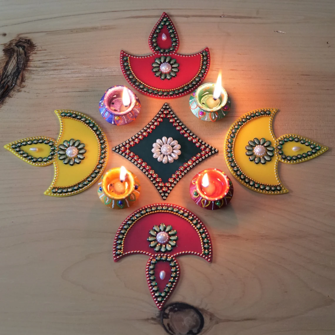 Red Diya Rangoli Set – Hand-Painted Wax Diyas for Tabletop Decor
