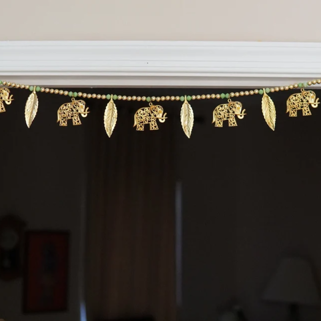 Hand-Painted Elephant Hanging – Beaded Decor with Copper & Pom-Pom Accents