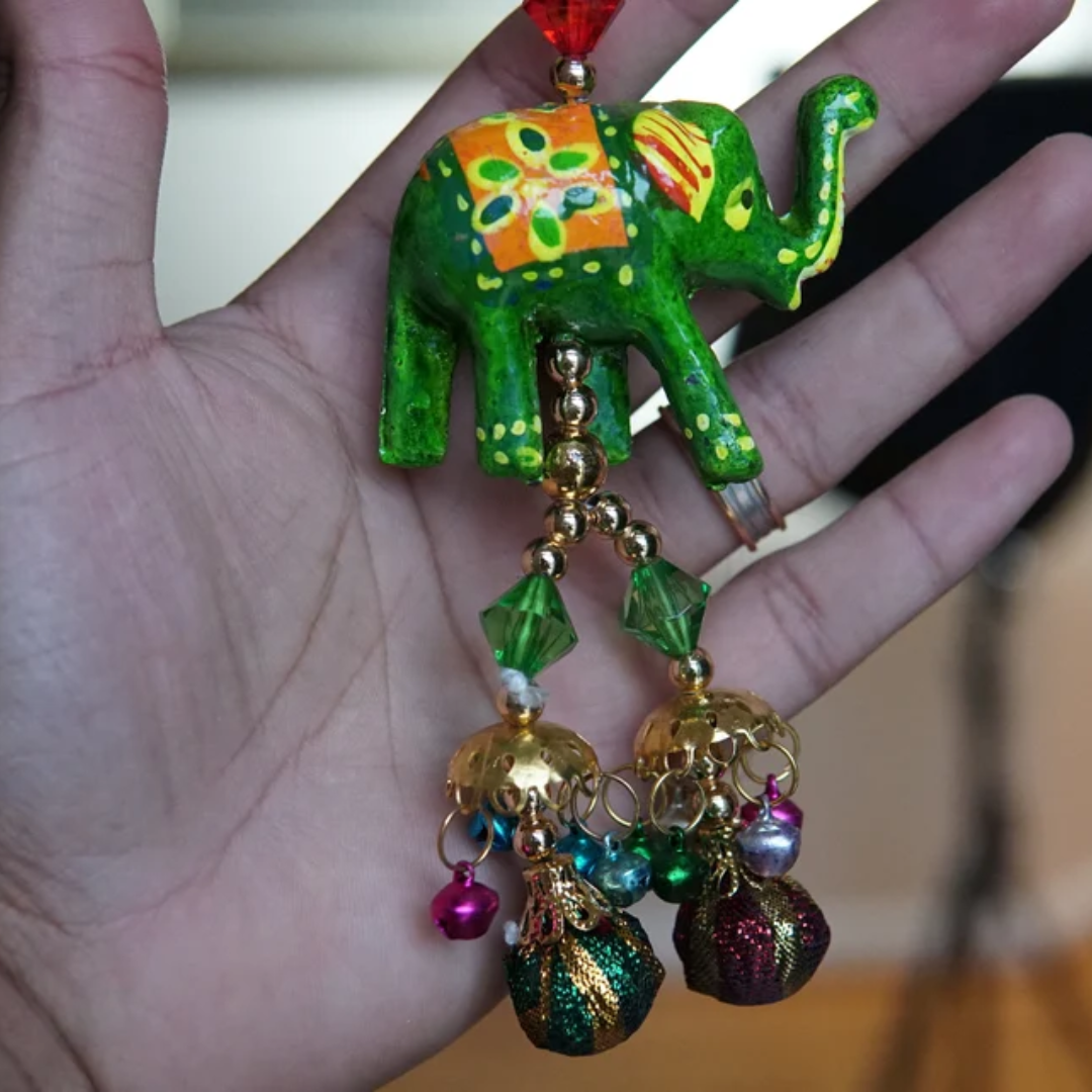 Hand-Painted Elephant Hanging – Beaded Decor with Copper & Pom-Pom Accents