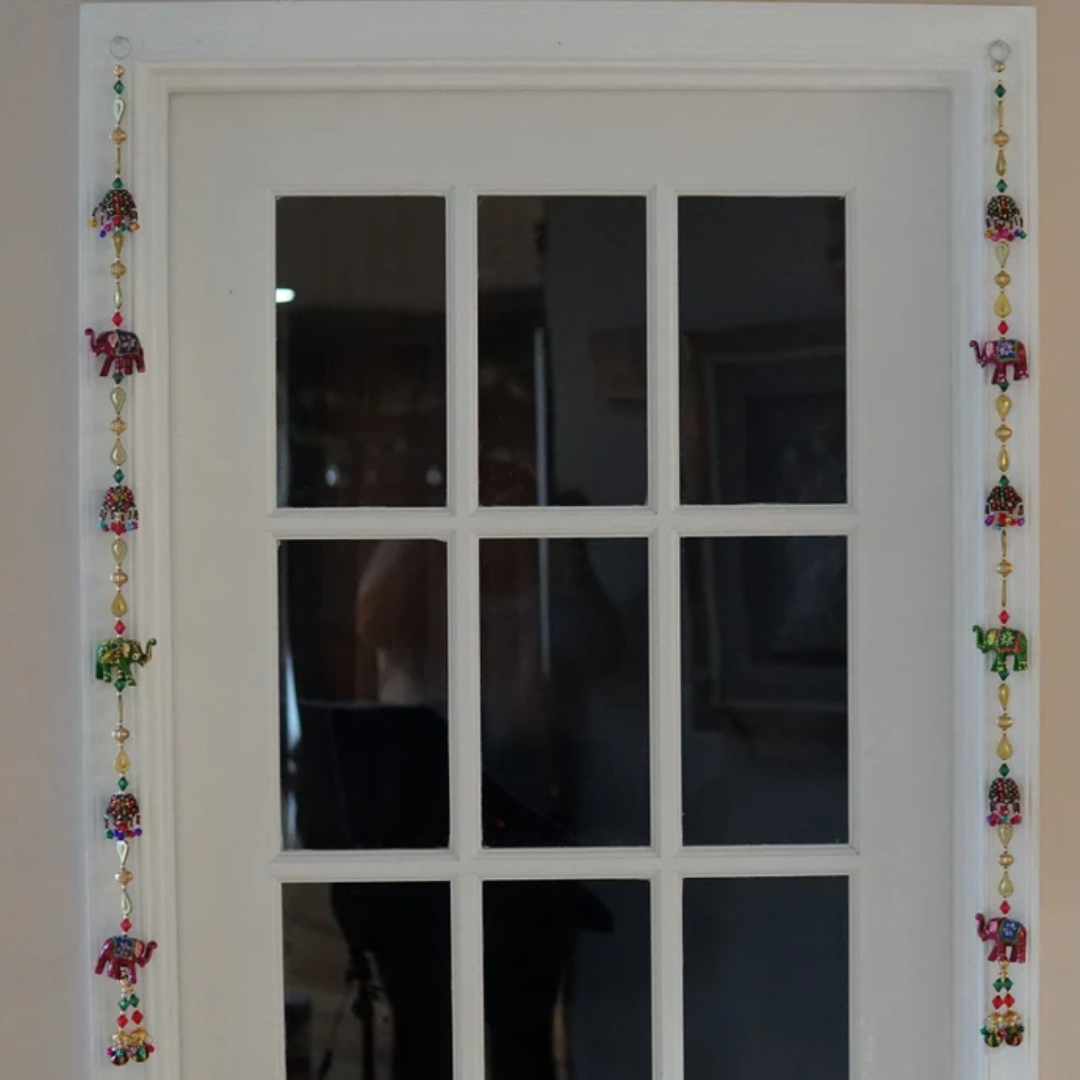 Hand-Painted Elephant Hanging – Beaded Decor with Copper & Pom-Pom Accents