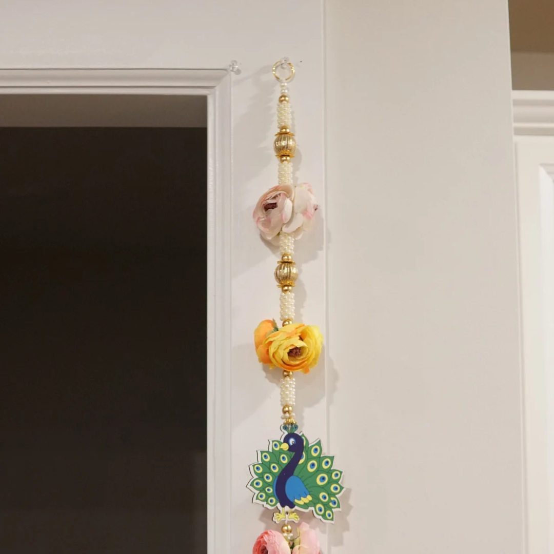 Hand-Painted Peacock Hanging with Pearls & Flowers – Indian Festival Decor