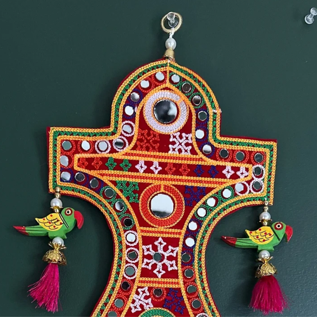 Embroidered Boho Wall Hanging with Silk Tassels & Mirrorwork – Indian Beaded Decor