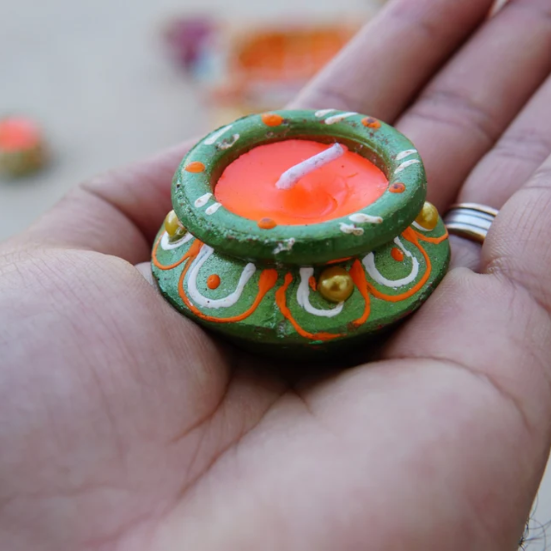 4 Pc Hand-Painted Clay Diya with Wax – Diwali & Home Decor