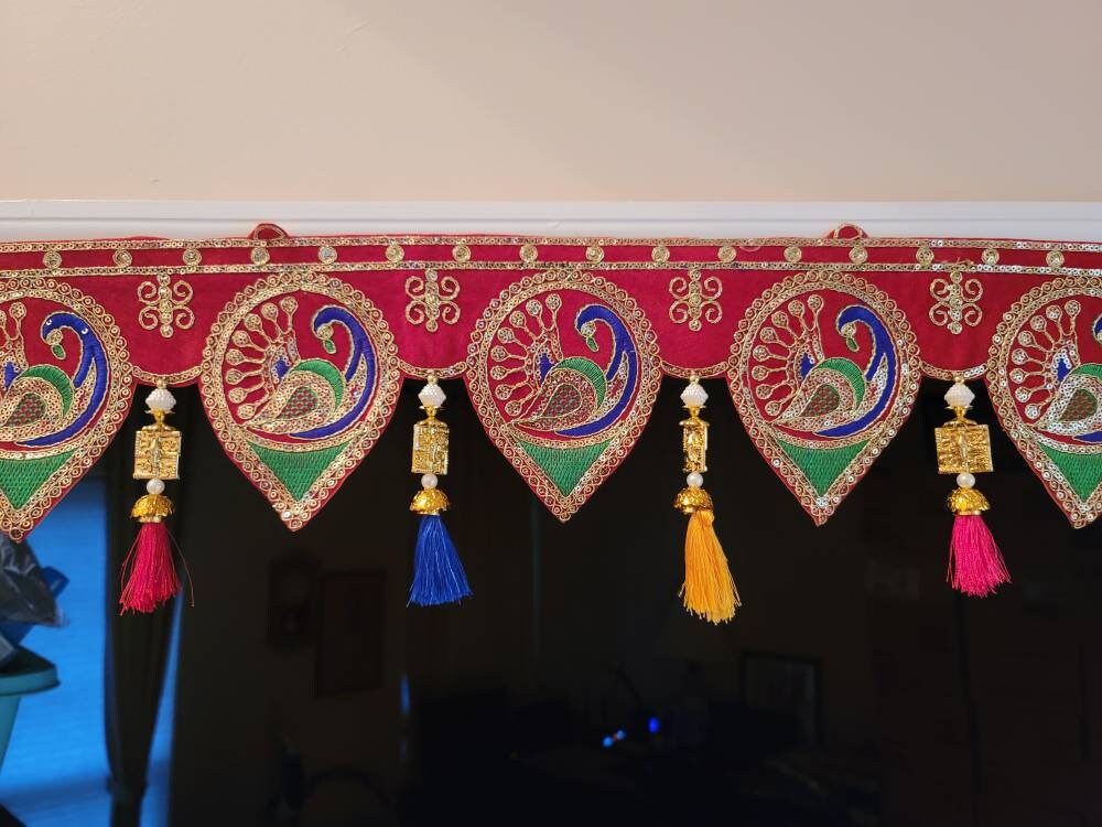 Bohemian Peacock home decoration with colorful silk tassels, embroidered gypsy curtain, hippie door frame, Indian handmade ethnic tapestry. Great gift and decor for Diwali, house warming and auspicious events