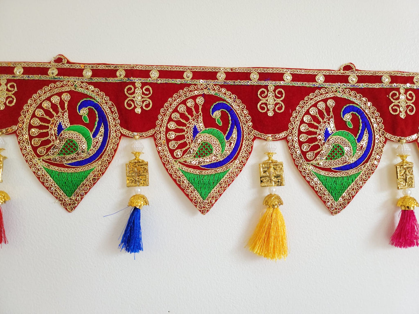 Bohemian Peacock home decoration with colorful silk tassels, embroidered gypsy curtain, hippie door frame, Indian handmade ethnic tapestry. Great gift and decor for Diwali, house warming and auspicious events