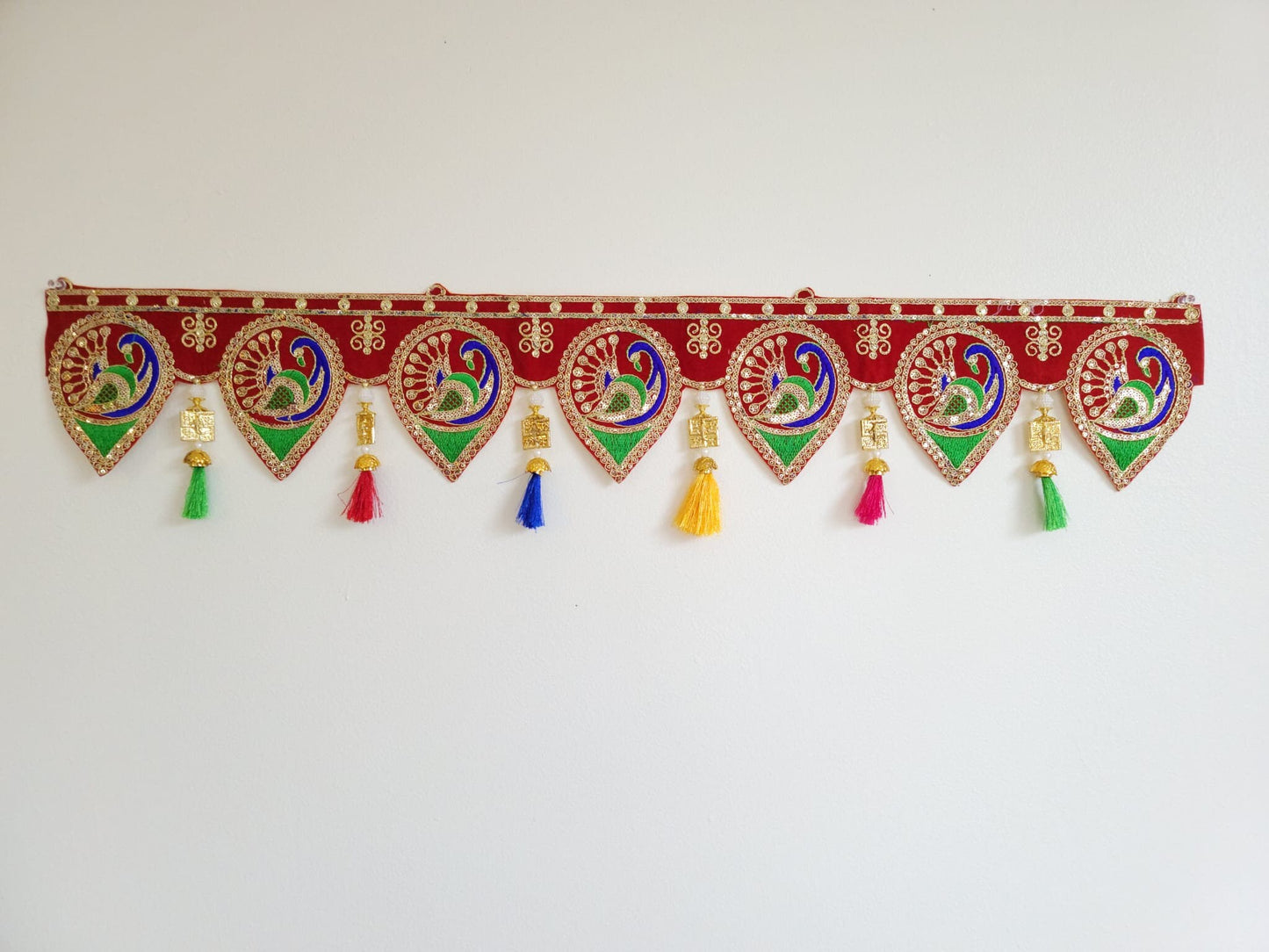 Bohemian Peacock home decoration with colorful silk tassels, embroidered gypsy curtain, hippie door frame, Indian handmade ethnic tapestry. Great gift and decor for Diwali, house warming and auspicious events