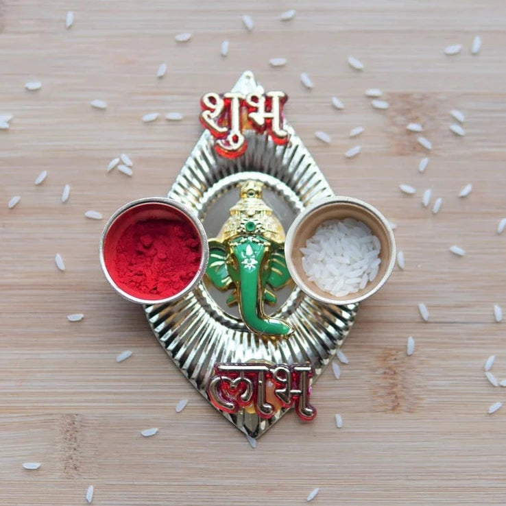 Golden Rakhi dish with Ganesha and Subh Labh design version 2