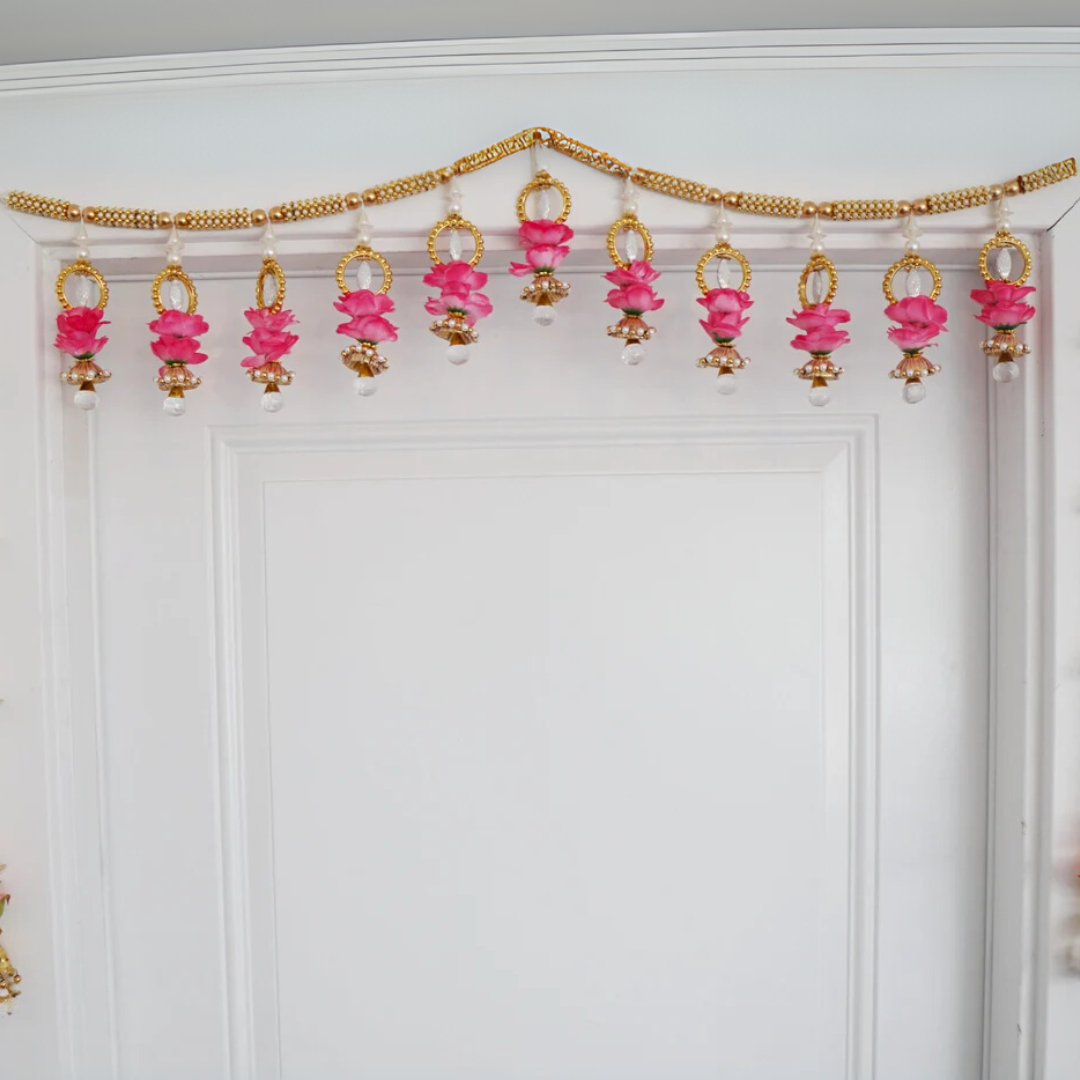 Floral Pearl Toran for Door – Pink & Gold Indian Bandhanwar