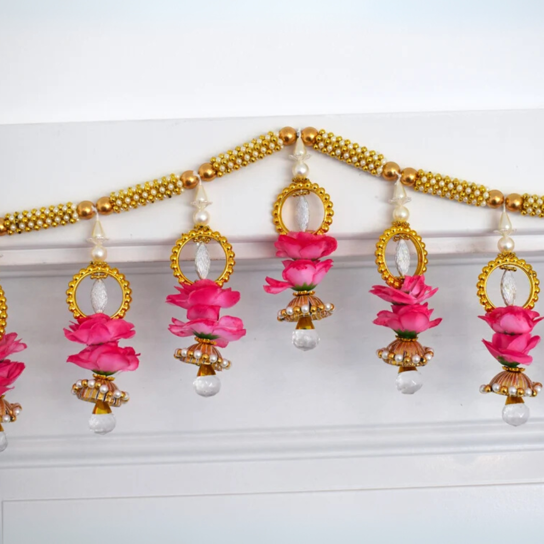 Floral Pearl Toran for Door – Pink & Gold Indian Bandhanwar