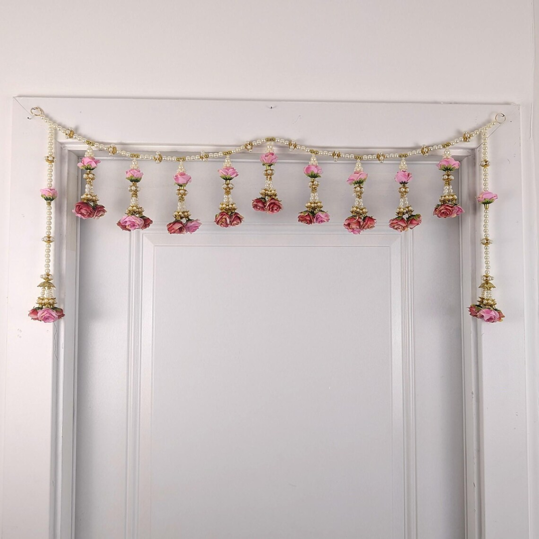 Pearl & Pink Floral Door Toran – Boho Indian Bandhanwar for Home Decor