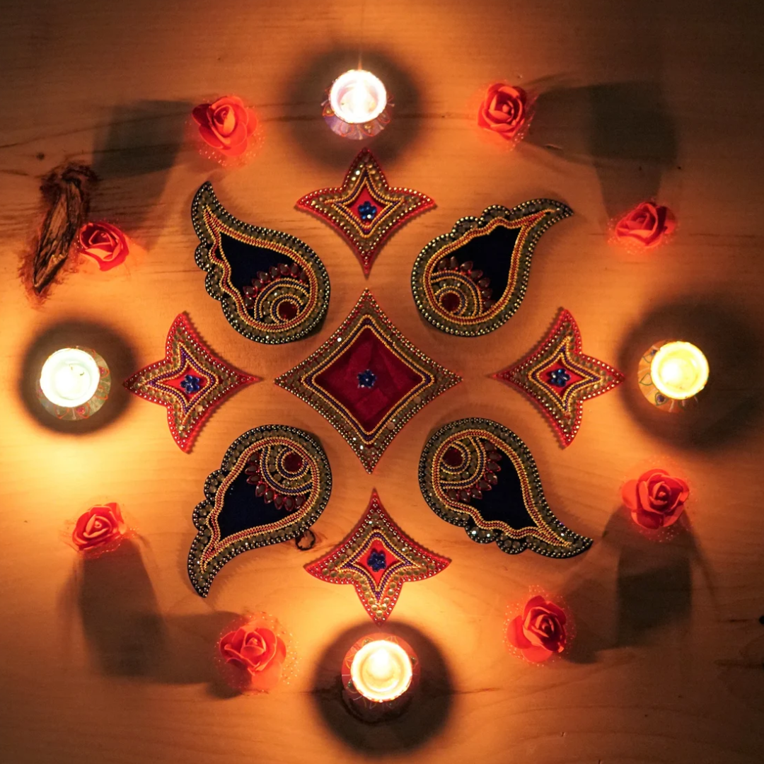 Acrylic Diwali Rangoli Set – Tabletop Decor With Hand-Painted Clay Diyas & Flowers