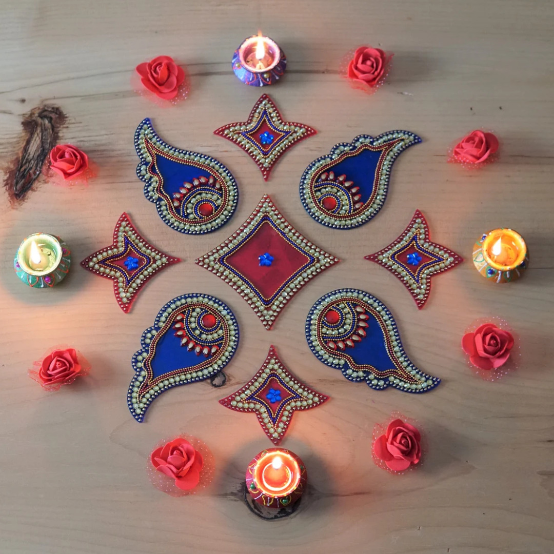 Acrylic Diwali Rangoli Set – Tabletop Decor With Hand-Painted Clay Diyas & Flowers