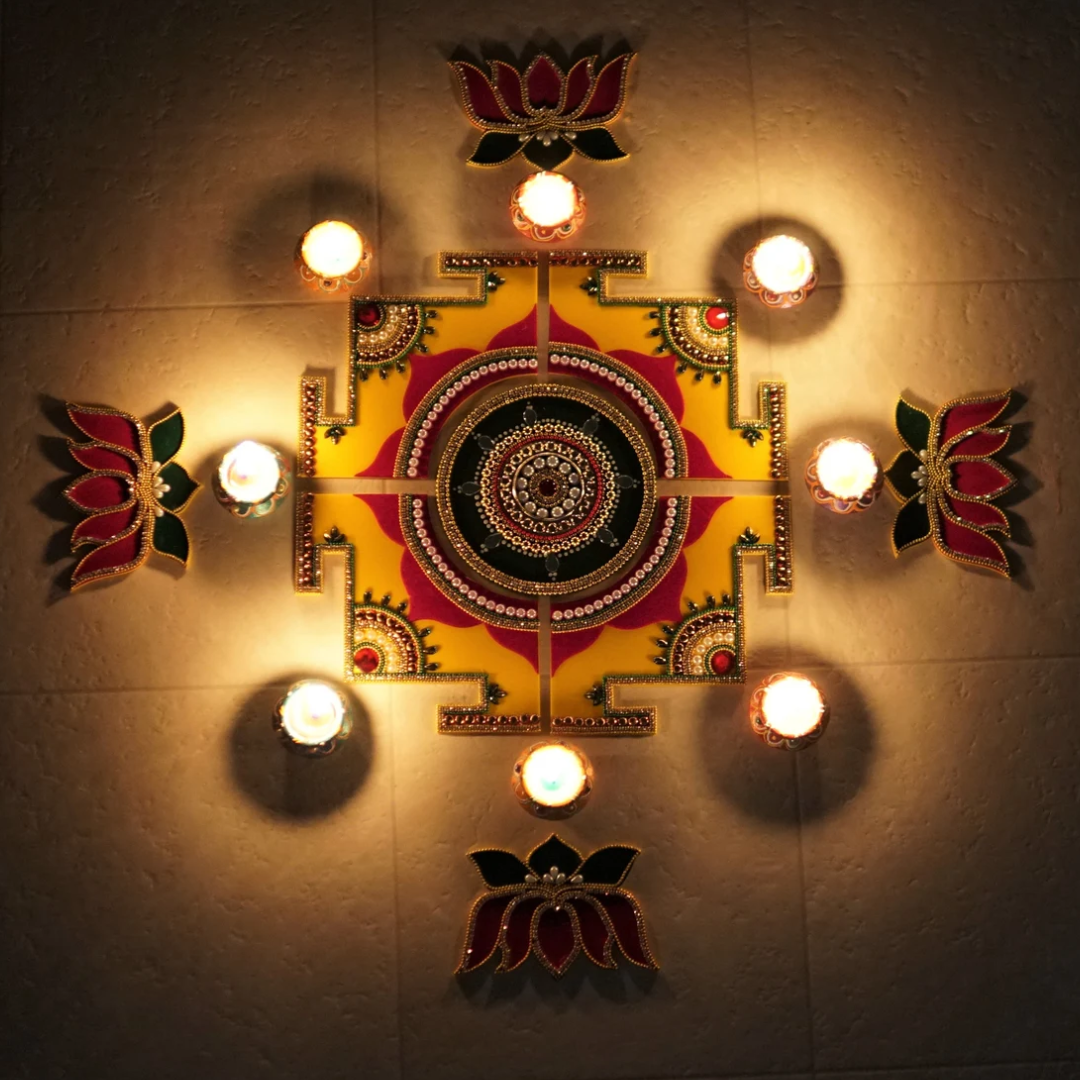 Diwali Rangoli Set with Hand-Painted Wax Diyas – Festive Tabletop Candle Decor
