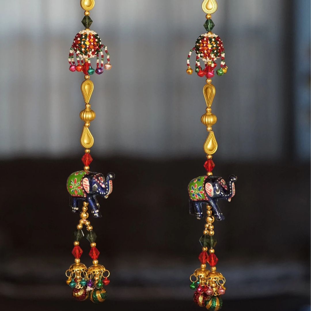 Hand-Painted Elephant Hanging – Beaded Decor with Copper & Pom-Pom Accents