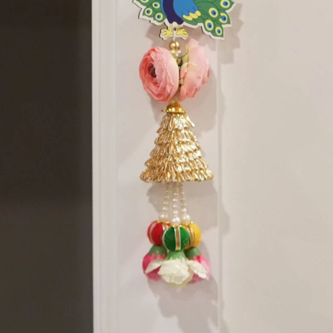 Hand-Painted Peacock Hanging with Pearls & Flowers – Indian Festival Decor