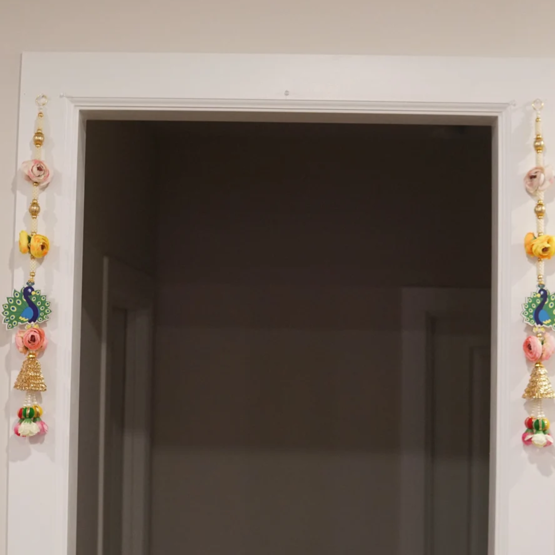 Hand-Painted Peacock Hanging with Pearls & Flowers – Indian Festival Decor