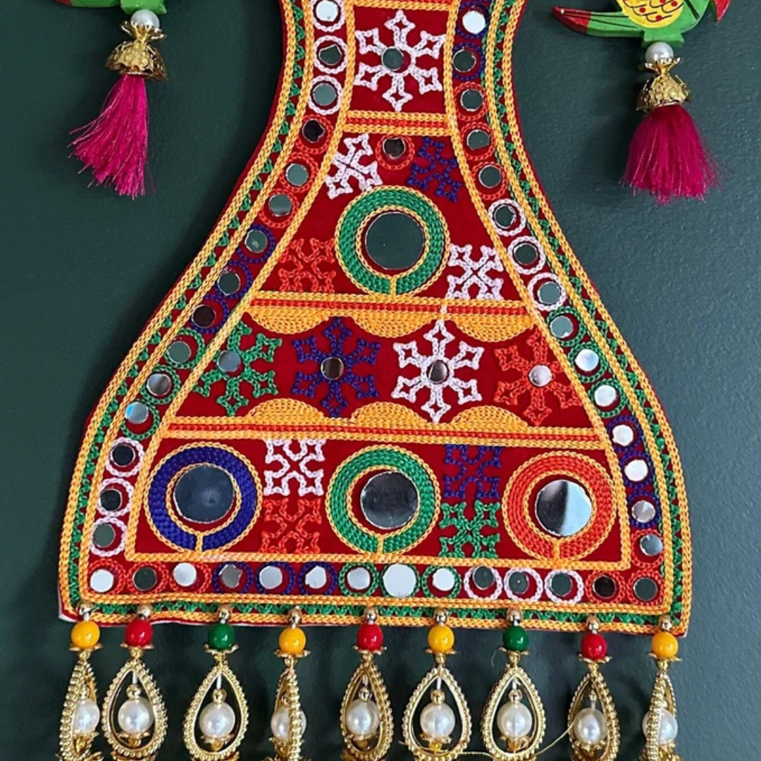 Embroidered Boho Wall Hanging with Silk Tassels & Mirrorwork – Indian Beaded Decor