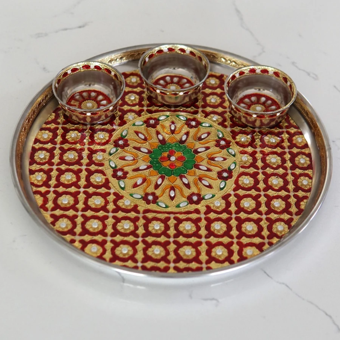 12" Meena Work Puja Thali with 3 Bowls – Wedding & Festival Gift