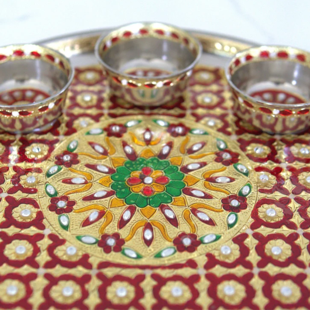 12" Meena Work Puja Thali with 3 Bowls – Wedding & Festival Gift