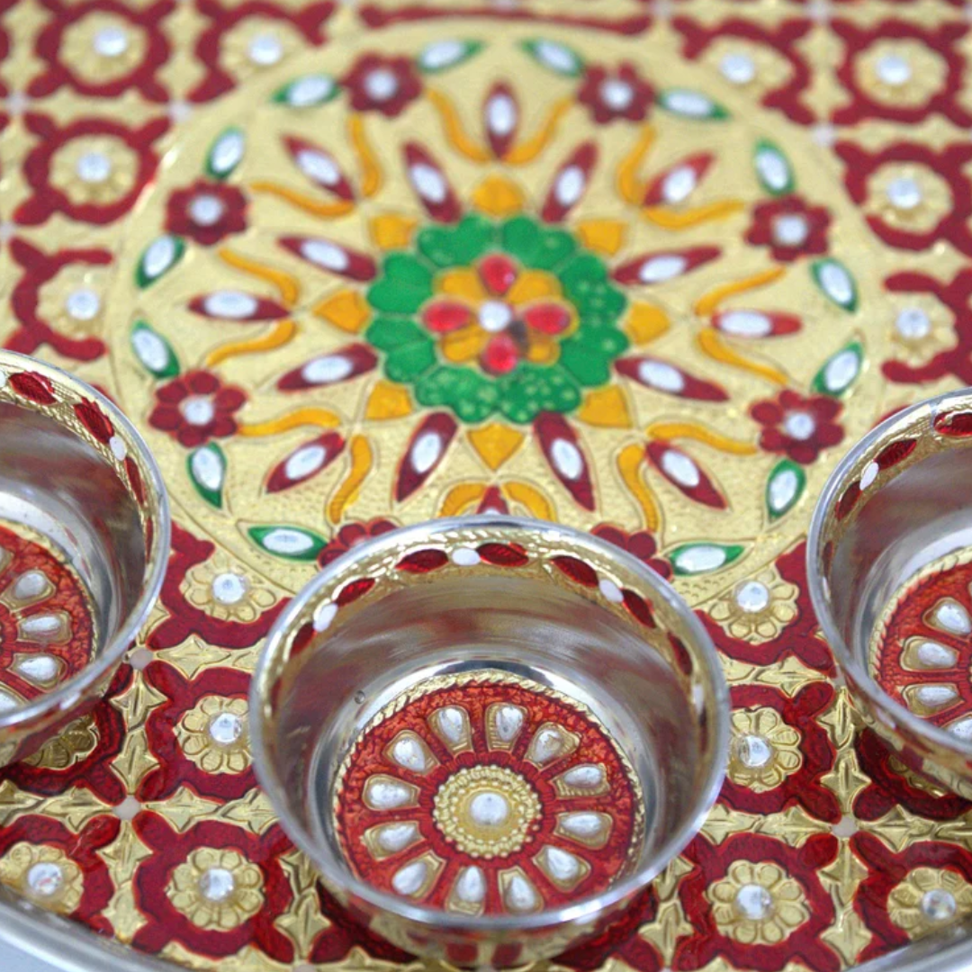 12" Meena Work Puja Thali with 3 Bowls – Wedding & Festival Gift