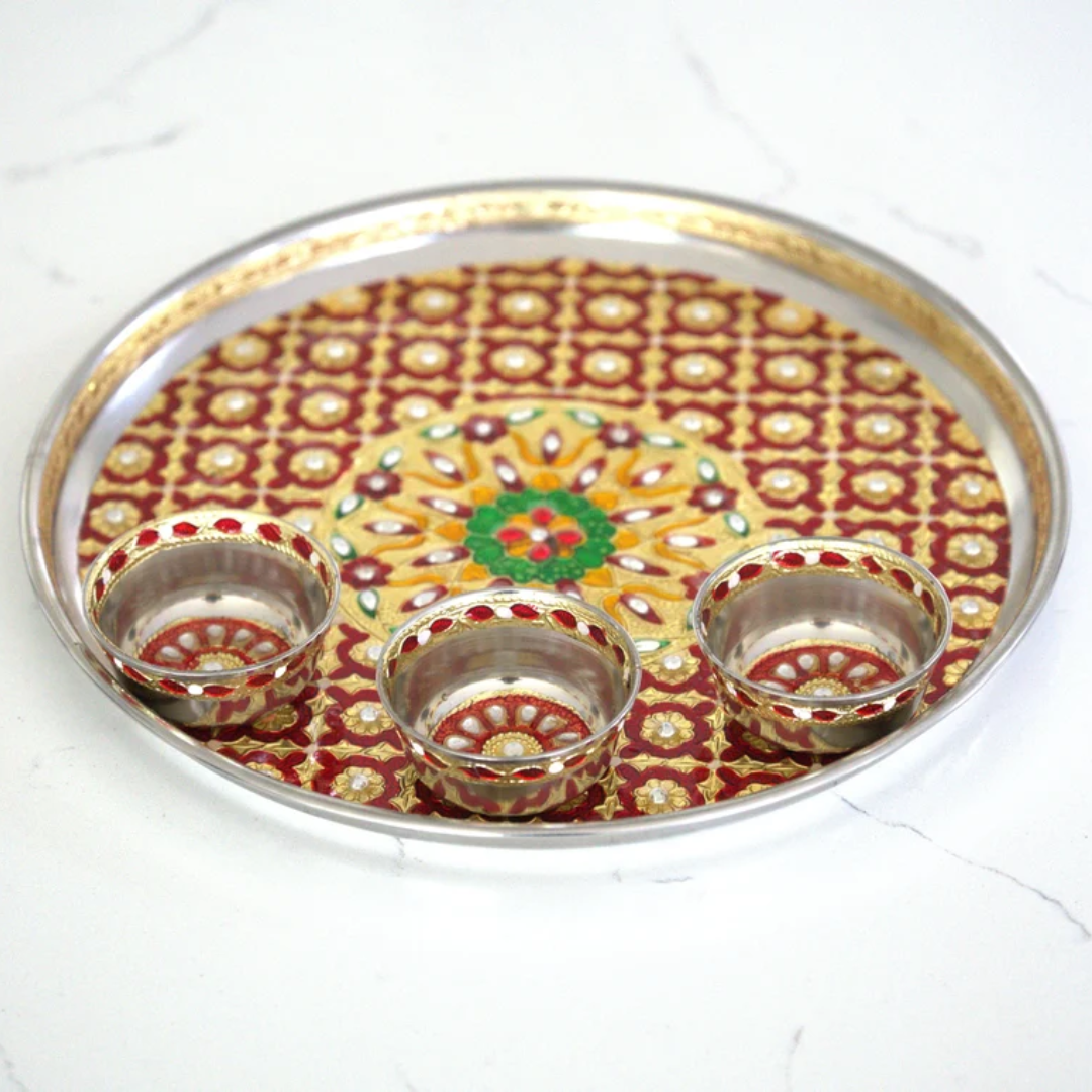 12" Meena Work Puja Thali with 3 Bowls – Wedding & Festival Gift