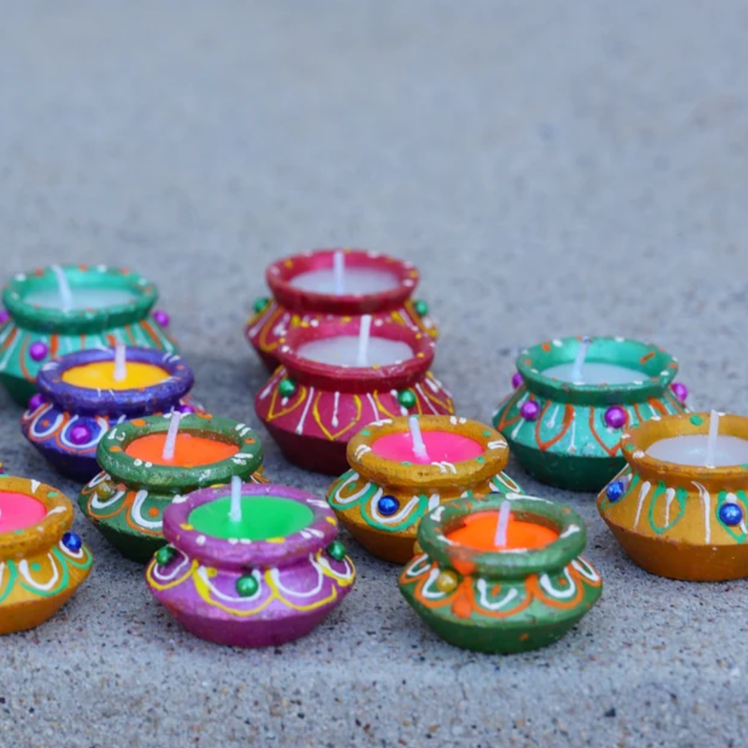 4 Pc Hand-Painted Clay Diya with Wax – Diwali & Home Decor