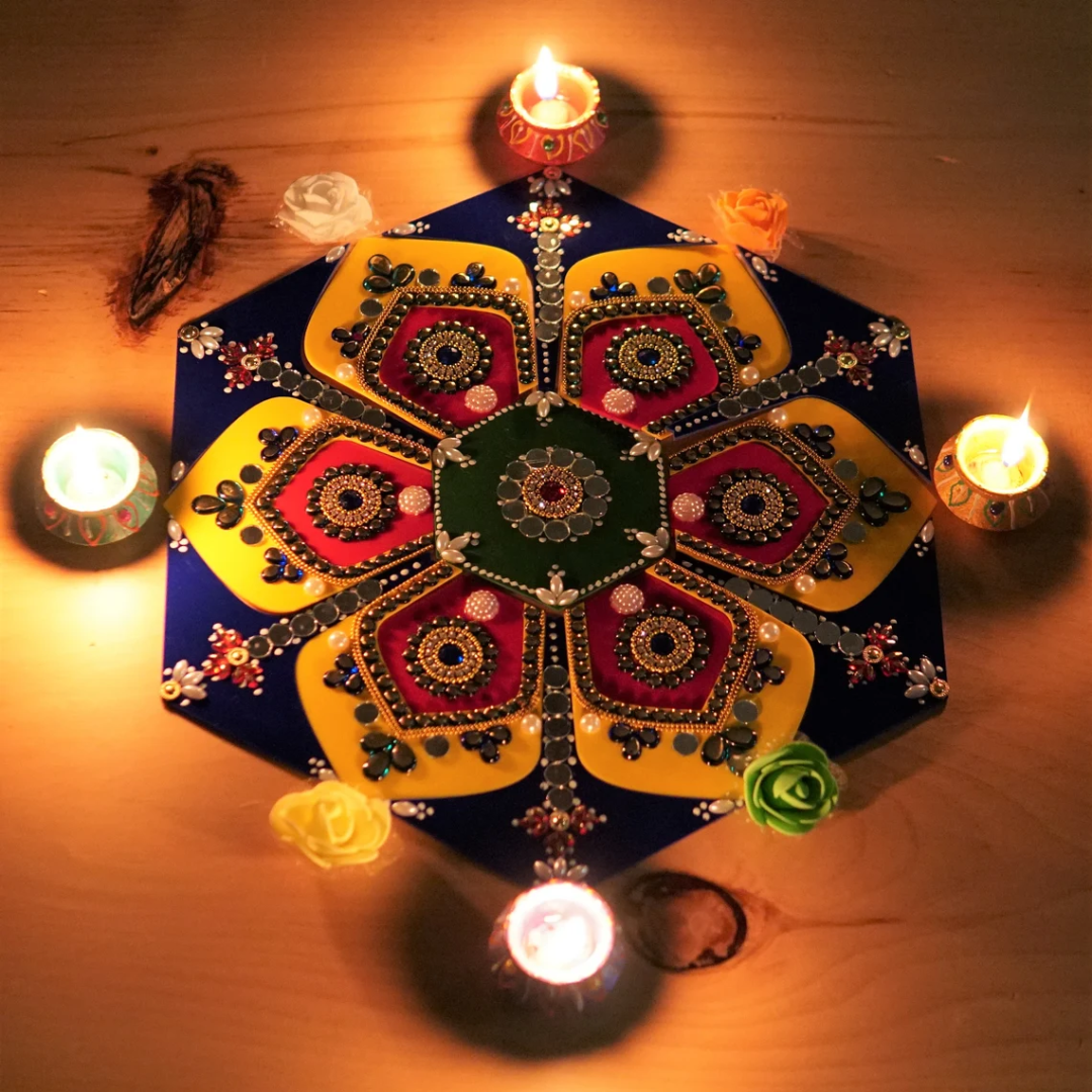 Table Top Decoration Set – 4 Pc Hand-Painted Clay Wax Diya with Colorful Flowers