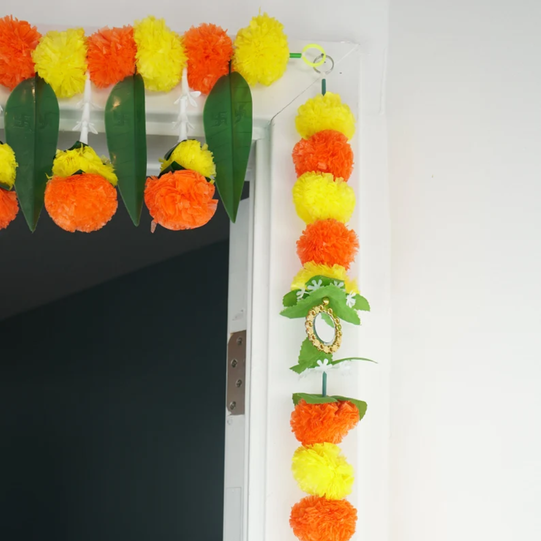 Artificial Marigold & Asopalav Leaf Toran with Side Hangings