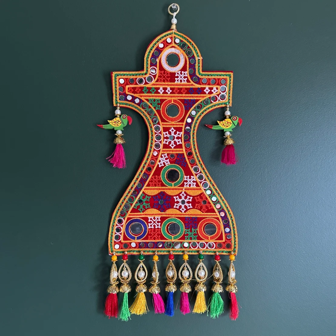 Embroidered Boho Wall Hanging with Silk Tassels & Mirrorwork – Indian Beaded Decor