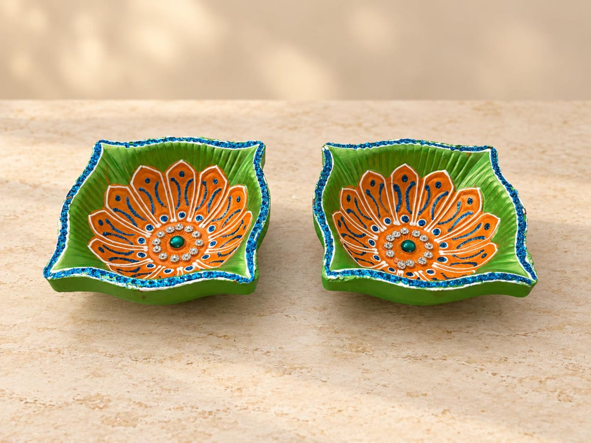Hand-Painted Square Clay Diyas - Set of 2