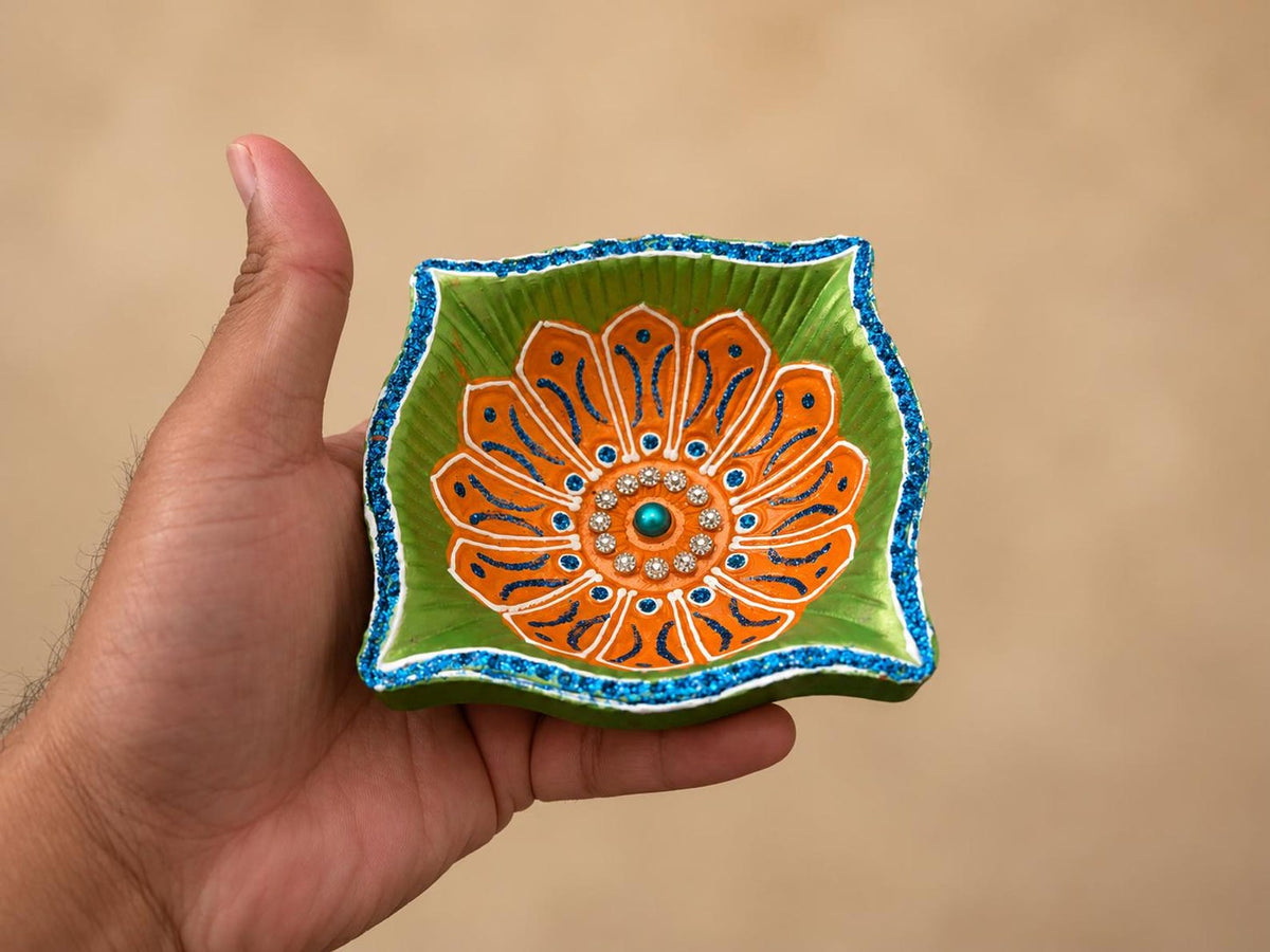 Hand-Painted Square Clay Diyas - Set of 2