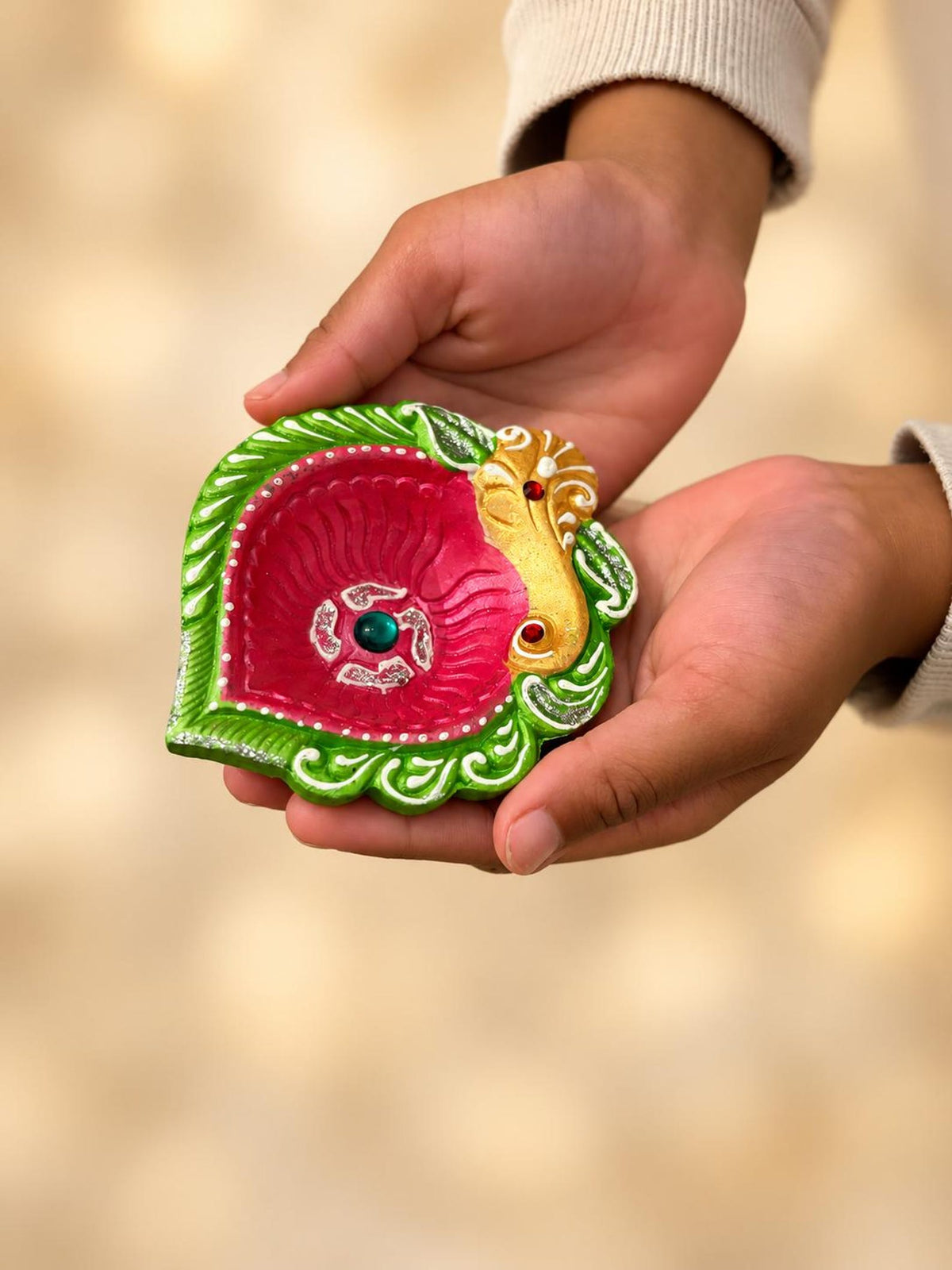 Hand-Painted Peacock Clay Diyas - Set of 4