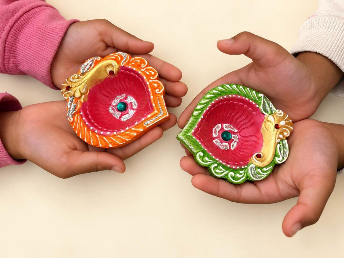 Hand-Painted Peacock Clay Diyas - Set of 4