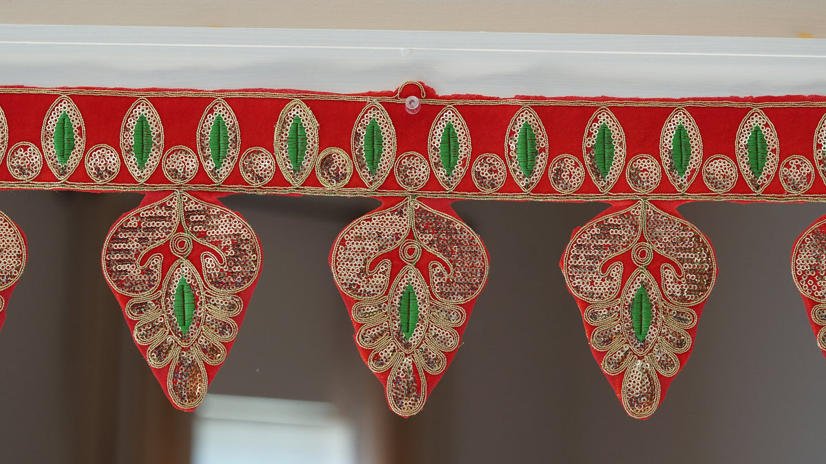 Embroidered Leaf Door Toran with Glitter and Mirror Details - doorway view