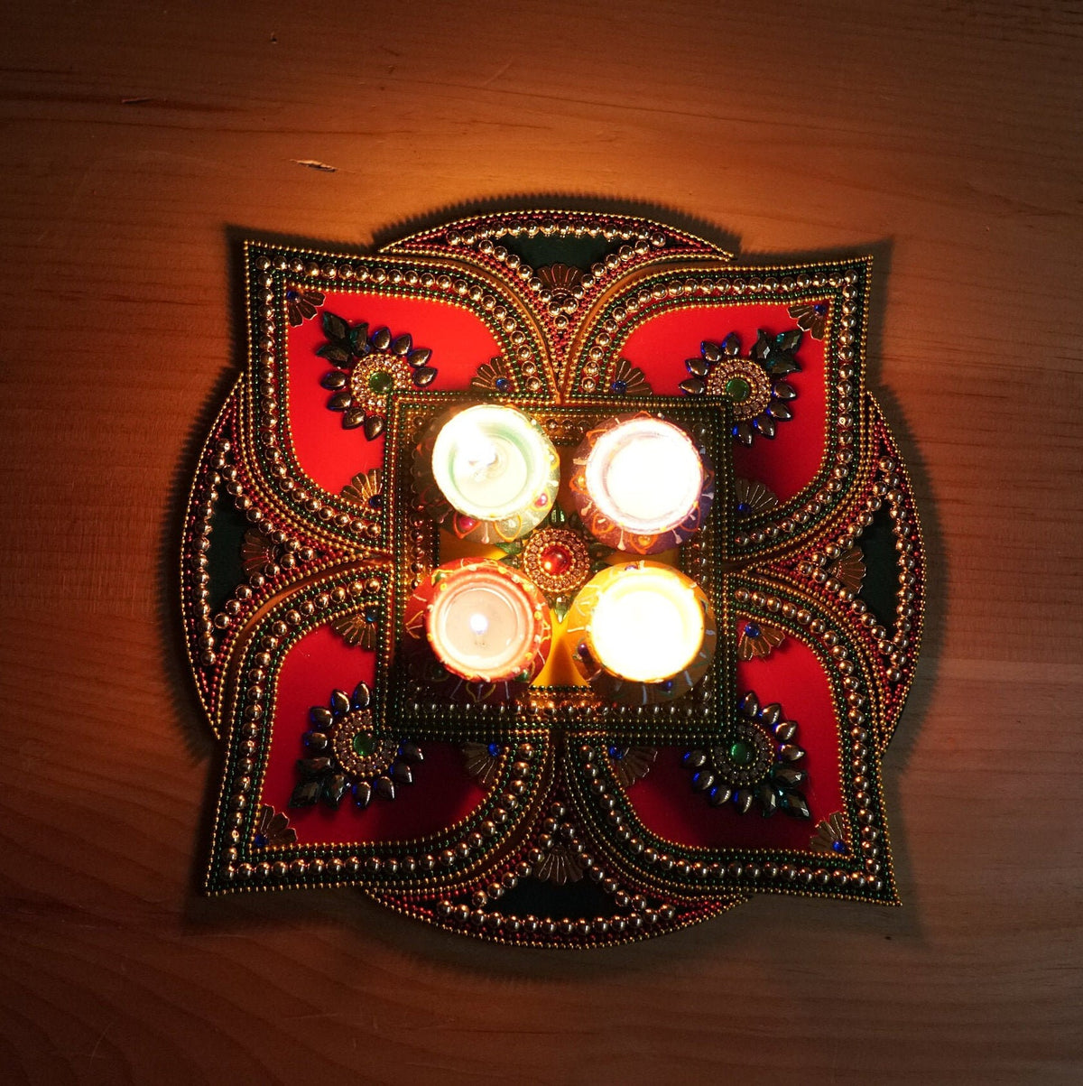 Square Floral Rangoli Set - 9 Pieces with 4 Wax Diyas detail 3