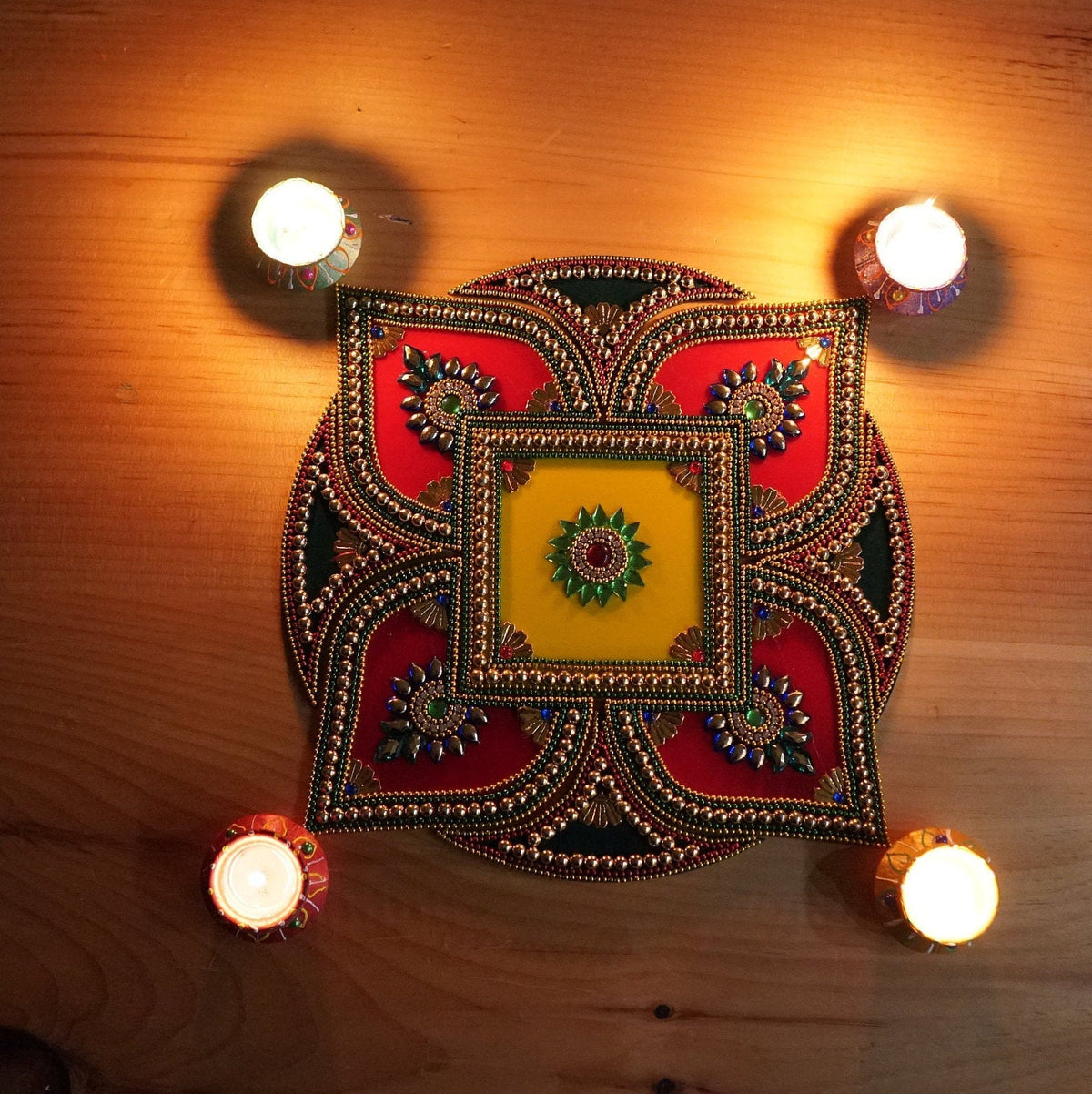 Square Floral Rangoli Set - 9 Pieces with 4 Wax Diyas detail 4