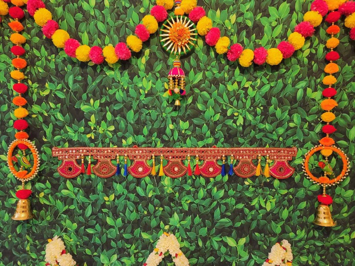 Red Floral Fan Embroidered Door Toran with Silk Tassels - detail 5