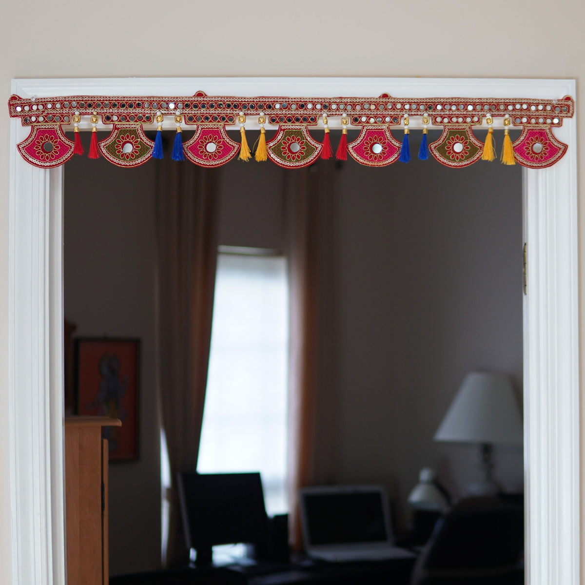Red Floral Fan Embroidered Door Toran with Silk Tassels - detail 6