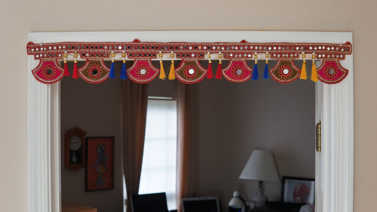 Red Floral Fan Embroidered Door Toran with Silk Tassels - detail 2