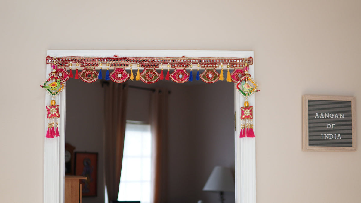 Red Floral Fan Embroidered Door Toran with Silk Tassels - detail 3