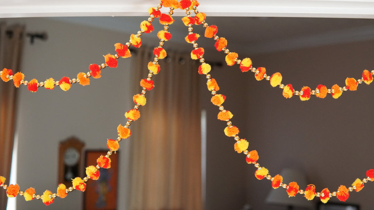 Orange & Yellow Pom-Pom Garland Strings - Choose 2 or 5 - original product photograph; check selected pack contents