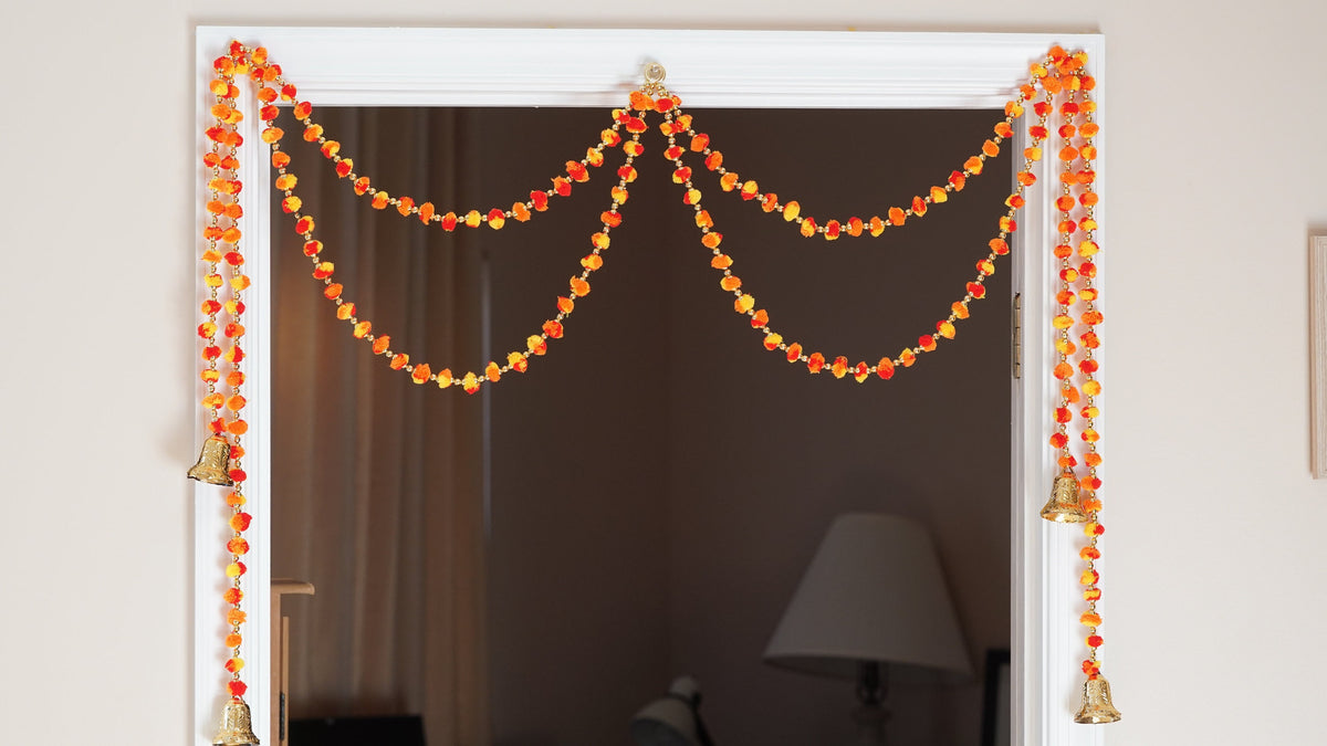 Orange & Yellow Pom-Pom Garland Strings - Choose 2 or 5 - original product photograph; check selected pack contents