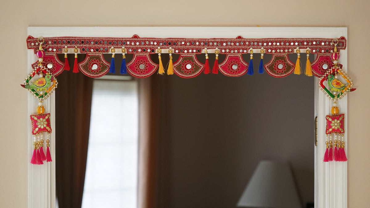 Red Floral Fan Embroidered Door Toran with Silk Tassels - detail 4