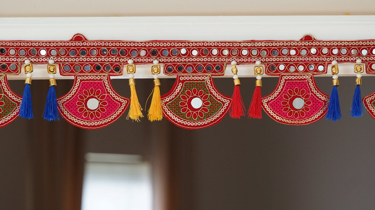 Red Floral Fan Embroidered Door Toran with Silk Tassels - doorway view