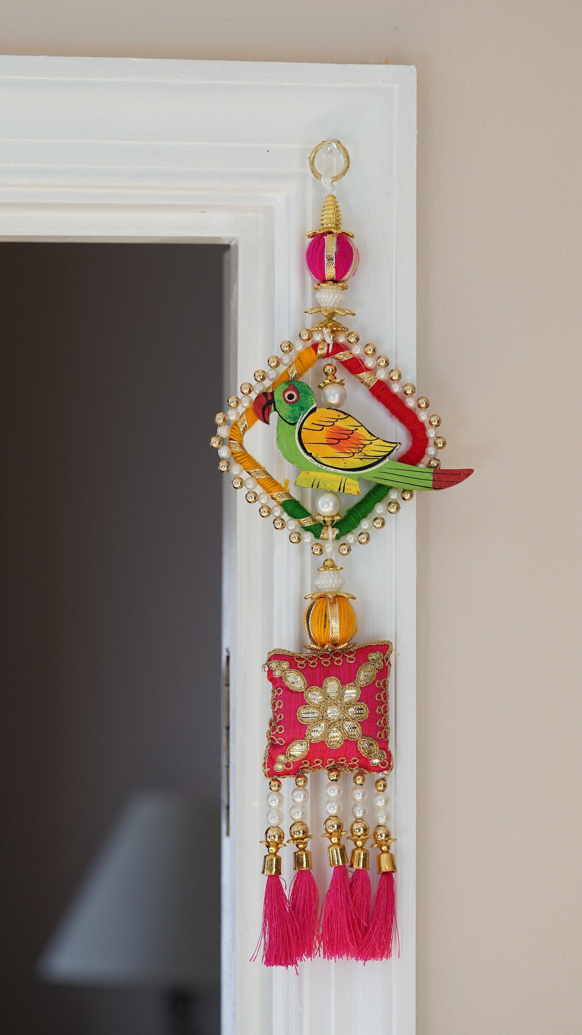 Wooden Parrot Hangings with Silk Tassels - Pair, 10 Inches