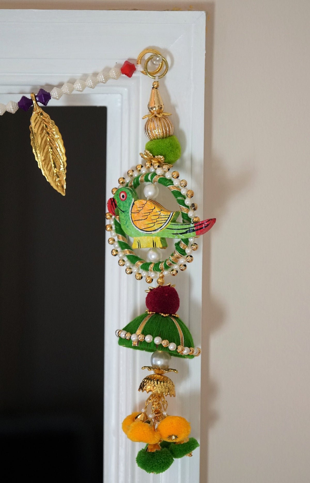 Wooden Parrot Hangings with Pom-Poms - Pair, 8 Inches