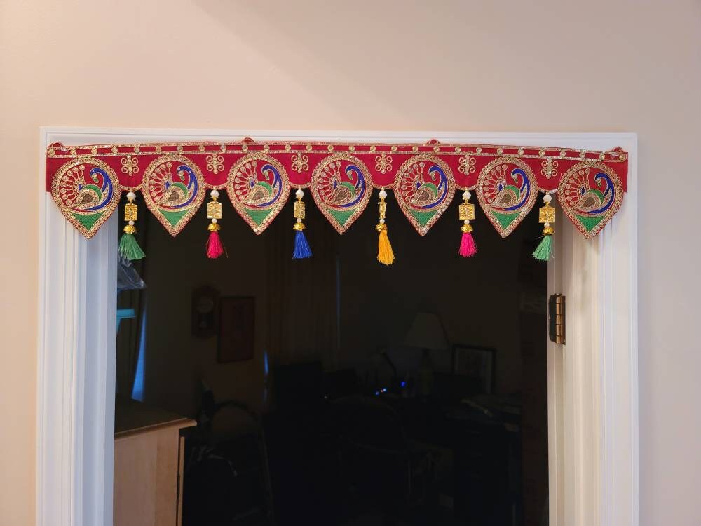 Bohemian Peacock home decoration with colorful silk tassels, embroidered gypsy curtain, hippie door frame, Indian handmade ethnic tapestry. Great gift and decor for Diwali, house warming and auspicious events