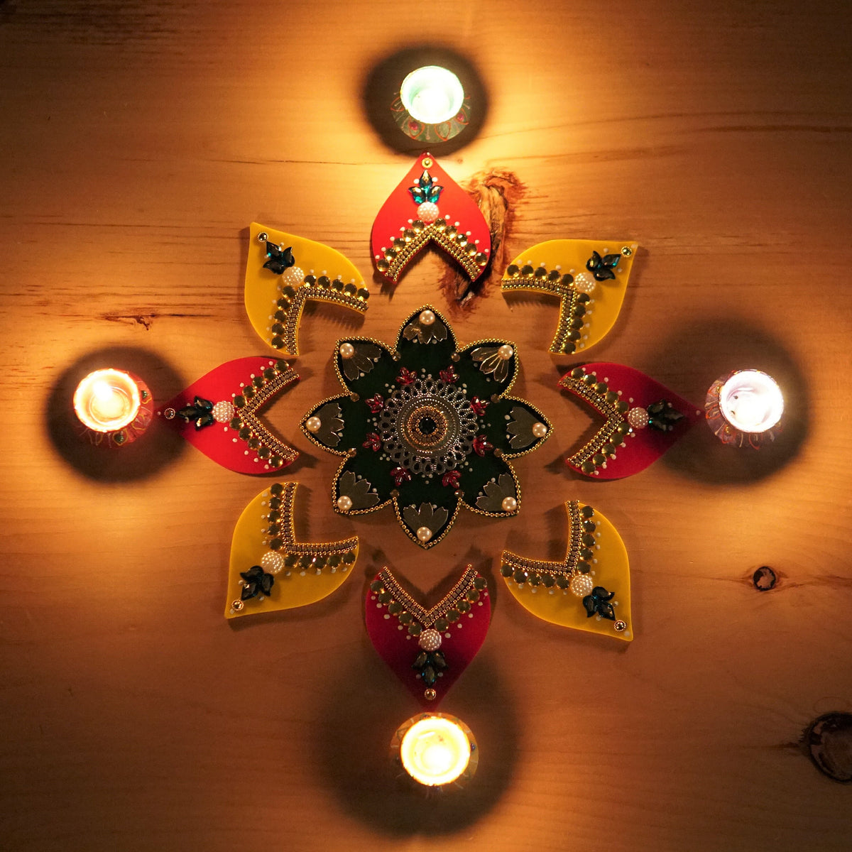 Red and Yellow Floral Rangoli Set - 9 Pieces with 4 Wax Diyas - detail 2