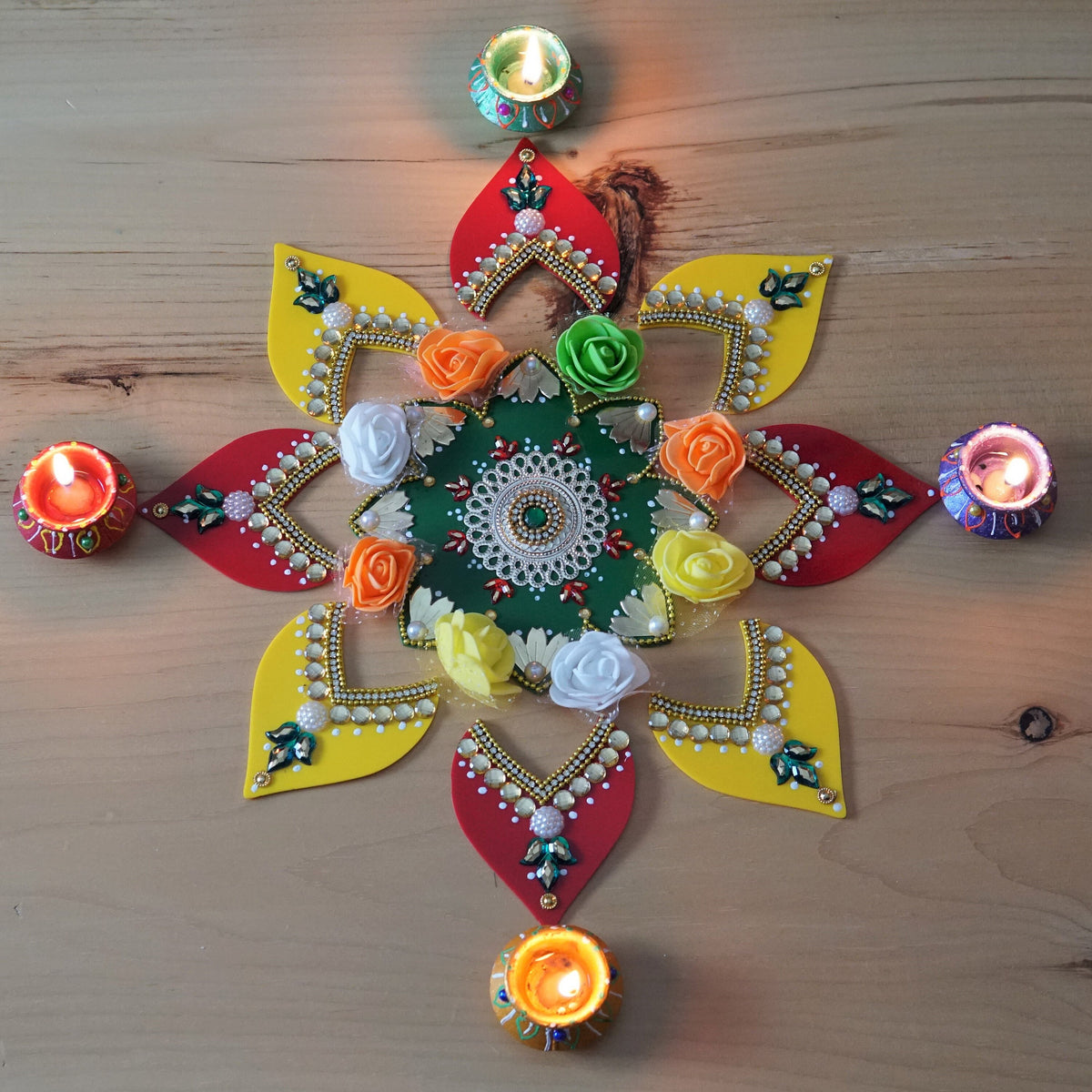 Red and Yellow Floral Rangoli Set - 9 Pieces with 4 Wax Diyas - detail 3