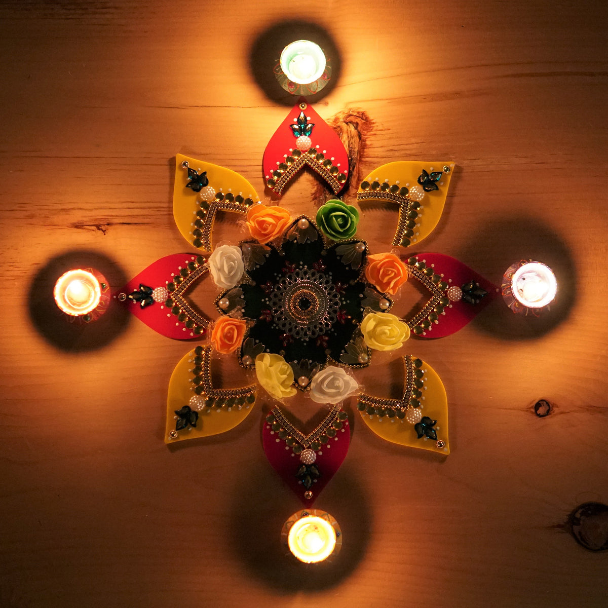 Red and Yellow Floral Rangoli Set - 9 Pieces with 4 Wax Diyas